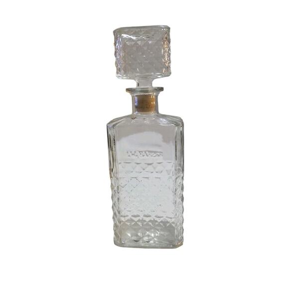 Vintage Rectangular Diamond Cut Glass Liquor Decanter with Stopper - Picture 2 of 5